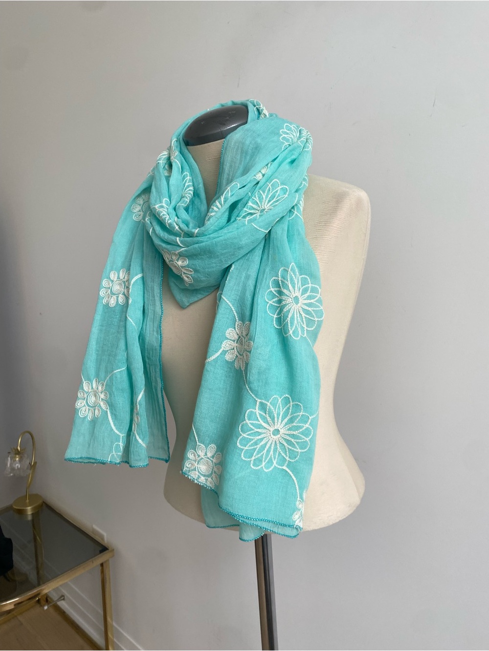 Turquoise Floral Embroidered Scarf - Lightweight Women's Wrap
